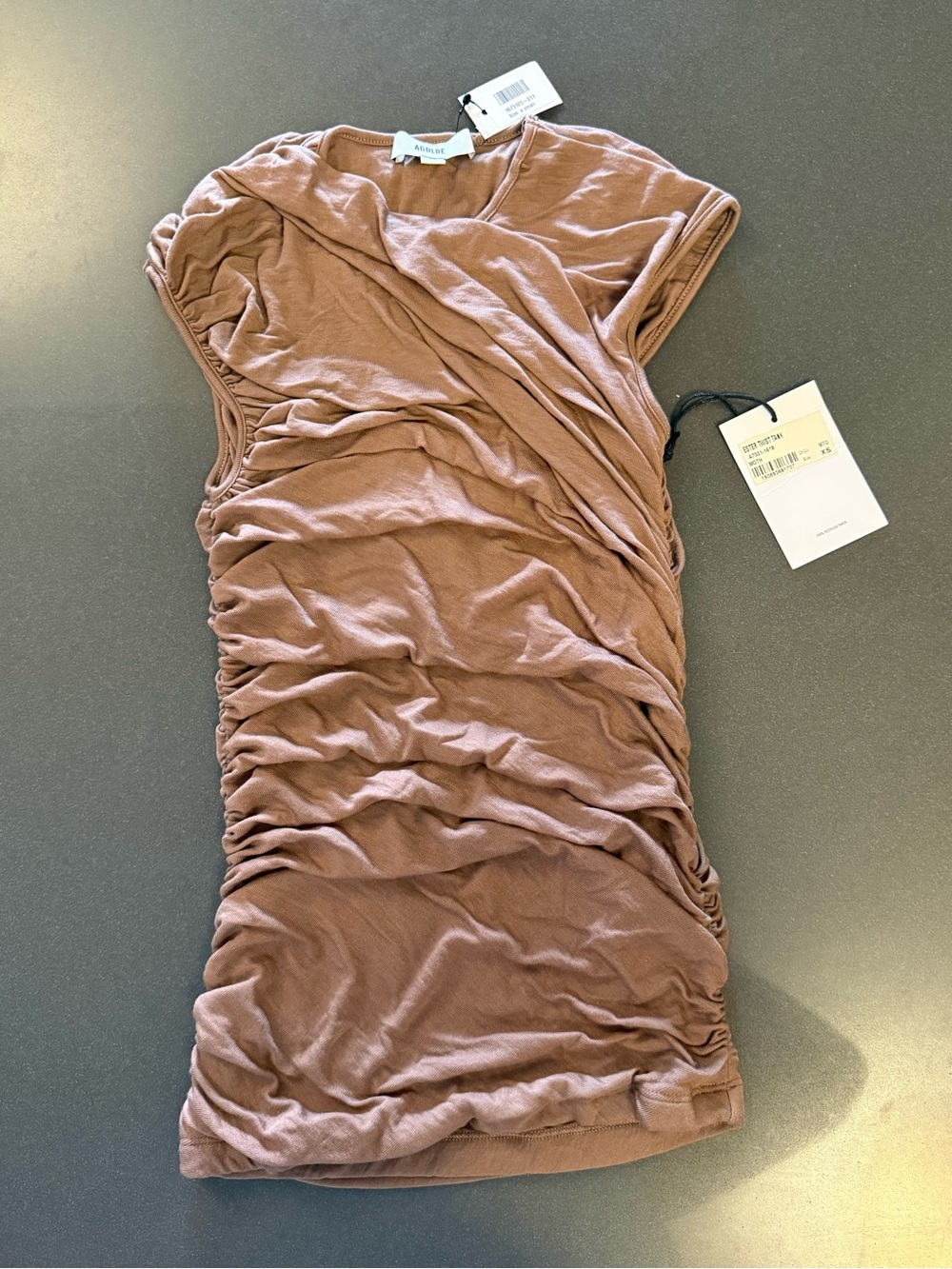 Moth Ruched Short Sleeve Mini Dress in Mauve Brown